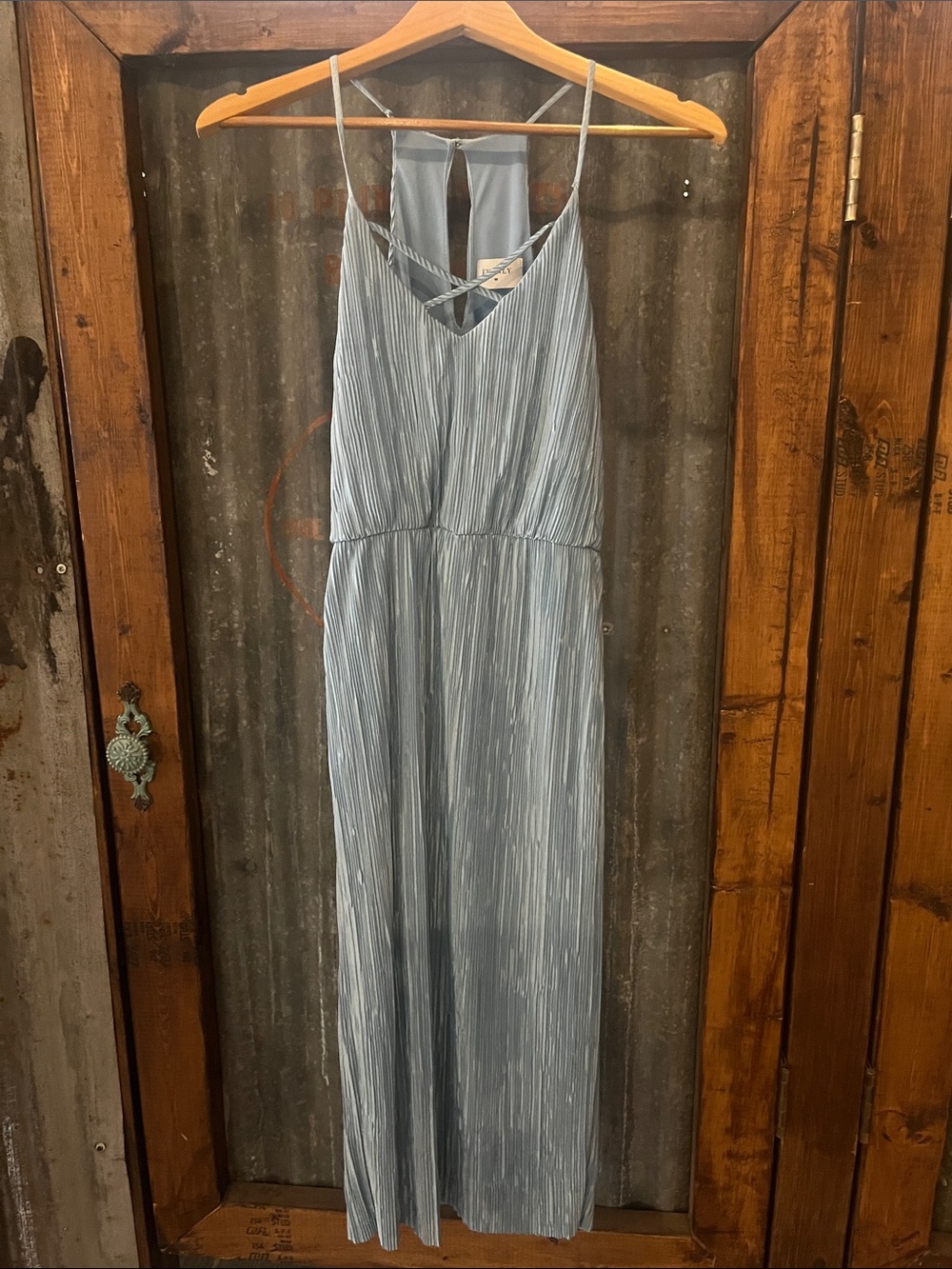 Everly Light Blue Pleated Maxi Dress with Crisscross Straps